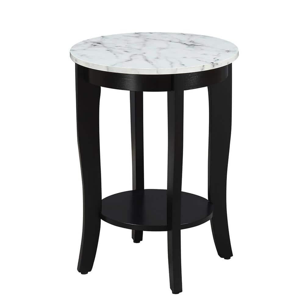 American Heritage Round End Table, White Faux Marble & Black - 24 x 17.75 x 17.75 in.