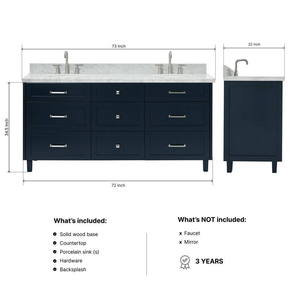 ARIEL Monrow 73 Double Sink Bathroom Vanity with Italian Carrara Marble Top