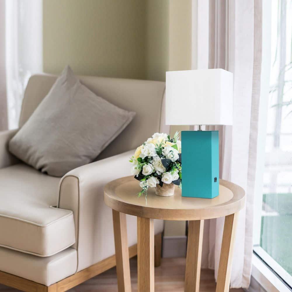 21" Lexington Leather Base Modern Home Decor Bedside Table Lamp with USB Charging Port and Fabric Shade Teal Green/White - Lalia Home: No Assembly