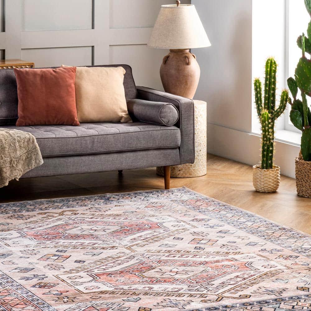 Nuloom Mae Medallion 5x8 Machine Washable Indoor Area Rug for Living Room Bedroom Dining Room Kitchen, Peach/Ivory
