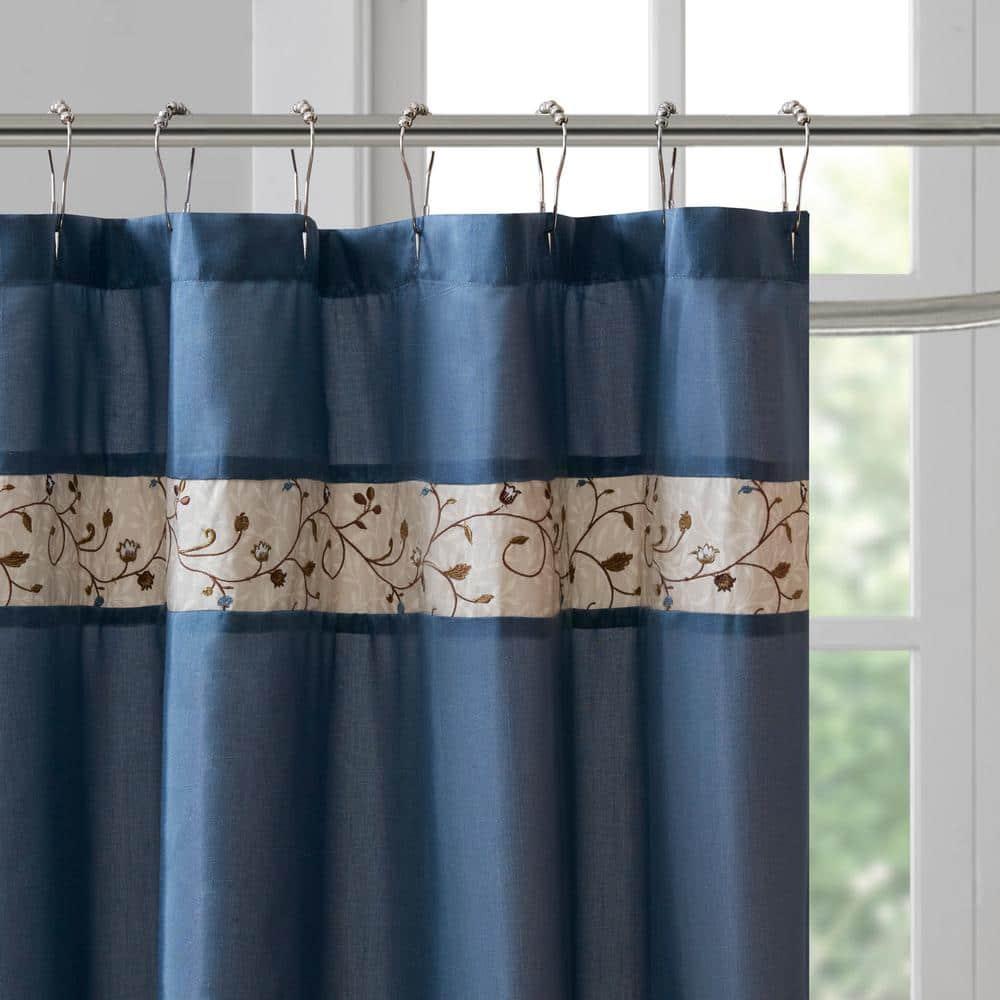 Monroe Embroidered Floral Shower Curtain Navy - Madison Park: 100% Polyester, Faux Silk, Machine Washable