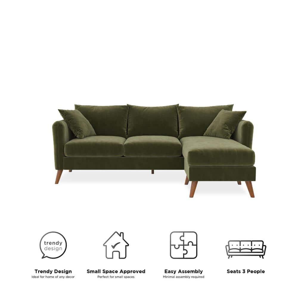 2pc Magnolia Sectional Sofa with Pillows Green Velvet - Novogratz: Upholstered, Reversible Chaise, Transitional Style