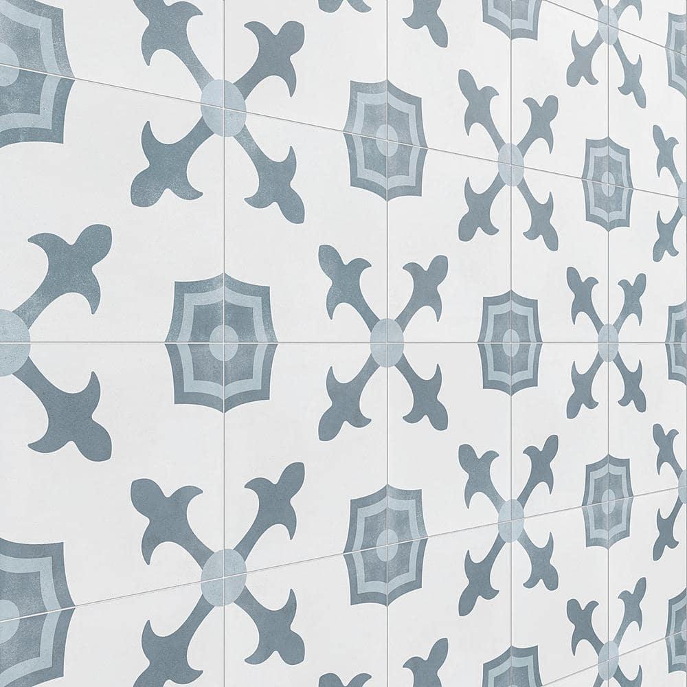 Plumeria Blue and White Square 9 in. x 9 in. Matte Porcelain Floor and Wall Tile (10.65 sq. ft./ Case)