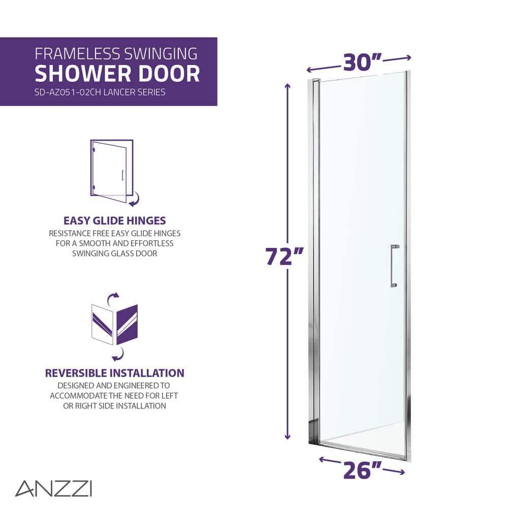 Lancer Series 29" W x 72" H Hinged Semi-Frameless Shower Door