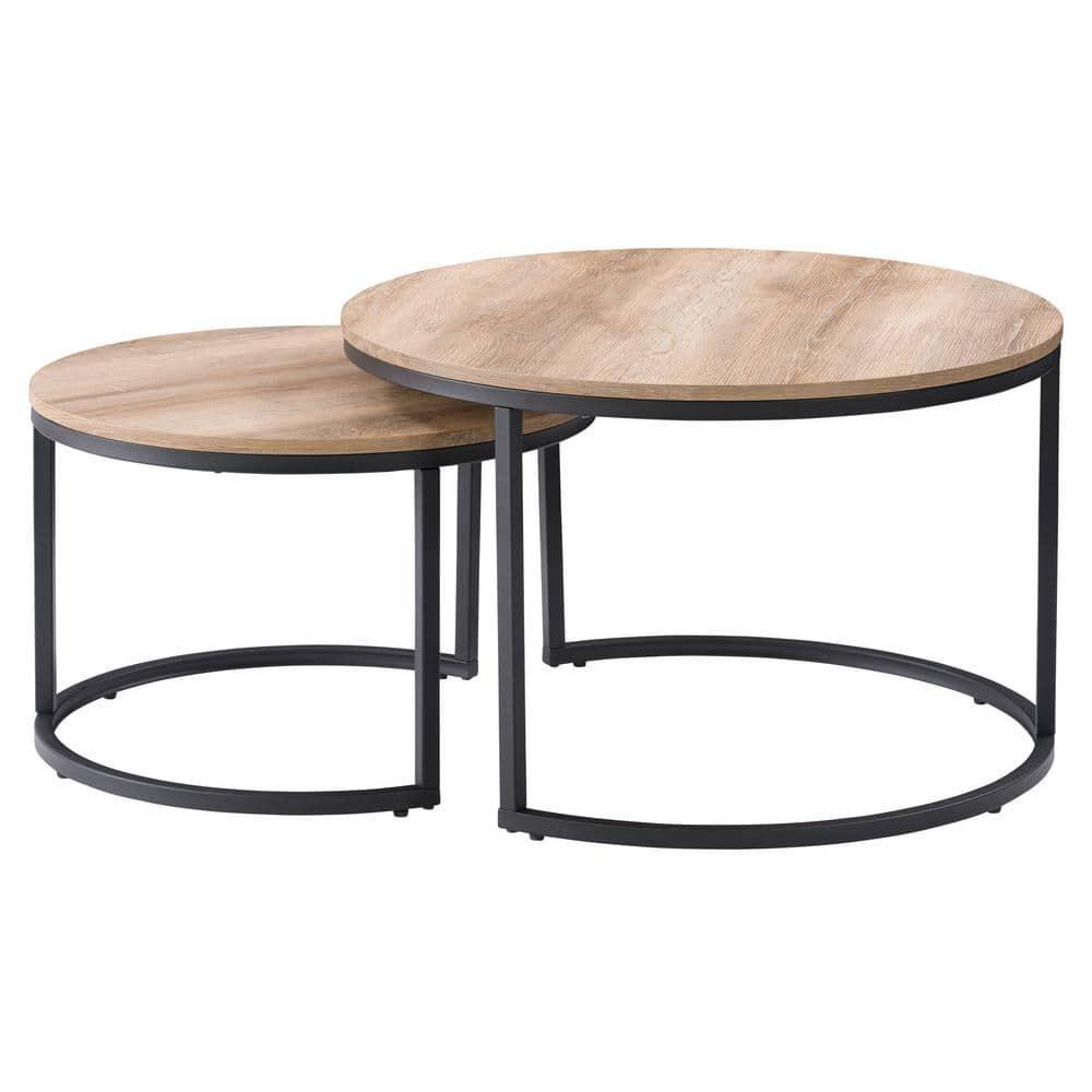 Set of 2 Wood Grain Finish Forth Worth Round Nesting Coffee Table Light Brown - CorLiving: Metal Legs, Small Space Design