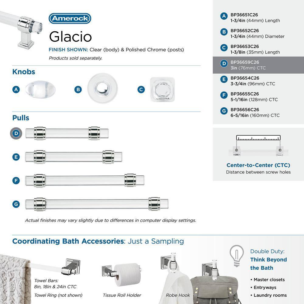 Amerock Glacio 3 inch (76mm) Center-to-Center Clear/Polished Chrome Cabinet Pull