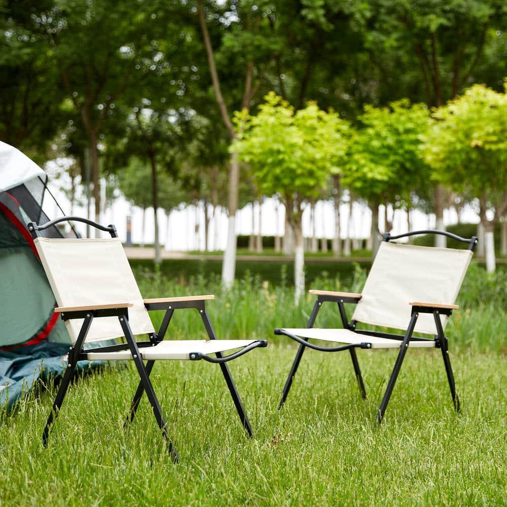 2-Piece Beige Steel Metal Folding Outdoor Lawn Chair for Camping, Picnics, Beach, Backyard, BBQ, Party, Patio