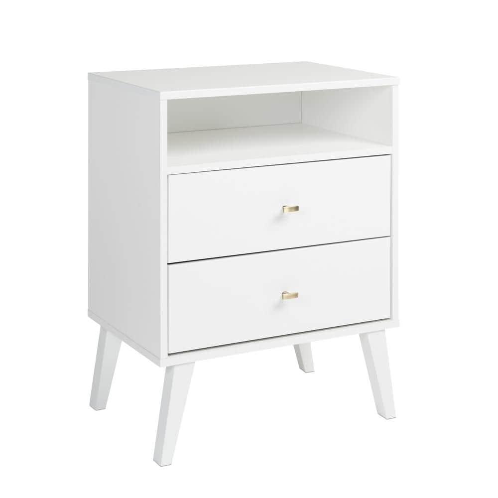 Mid Century Modern 2 Drawer Tall Nightstand with Shelf White - Prepac: Wood Laminate, Includes Anti-Tip Hardware