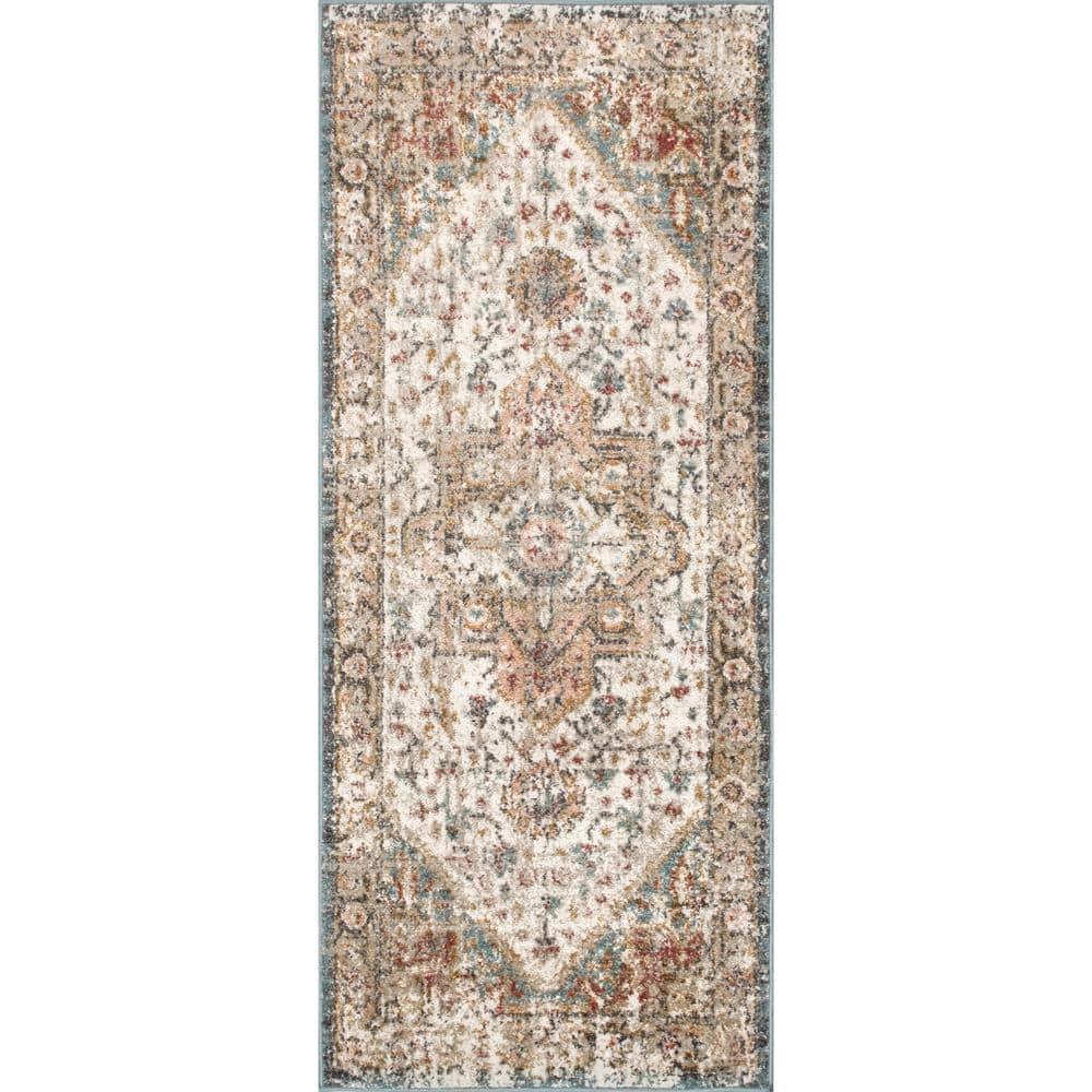 Nuloom 2x8 Justine Vintage Medallion Indoor Area Rug, Beige, Faded Persian Design, Stain Resistant, BedroomLiving Room, Kitchen,