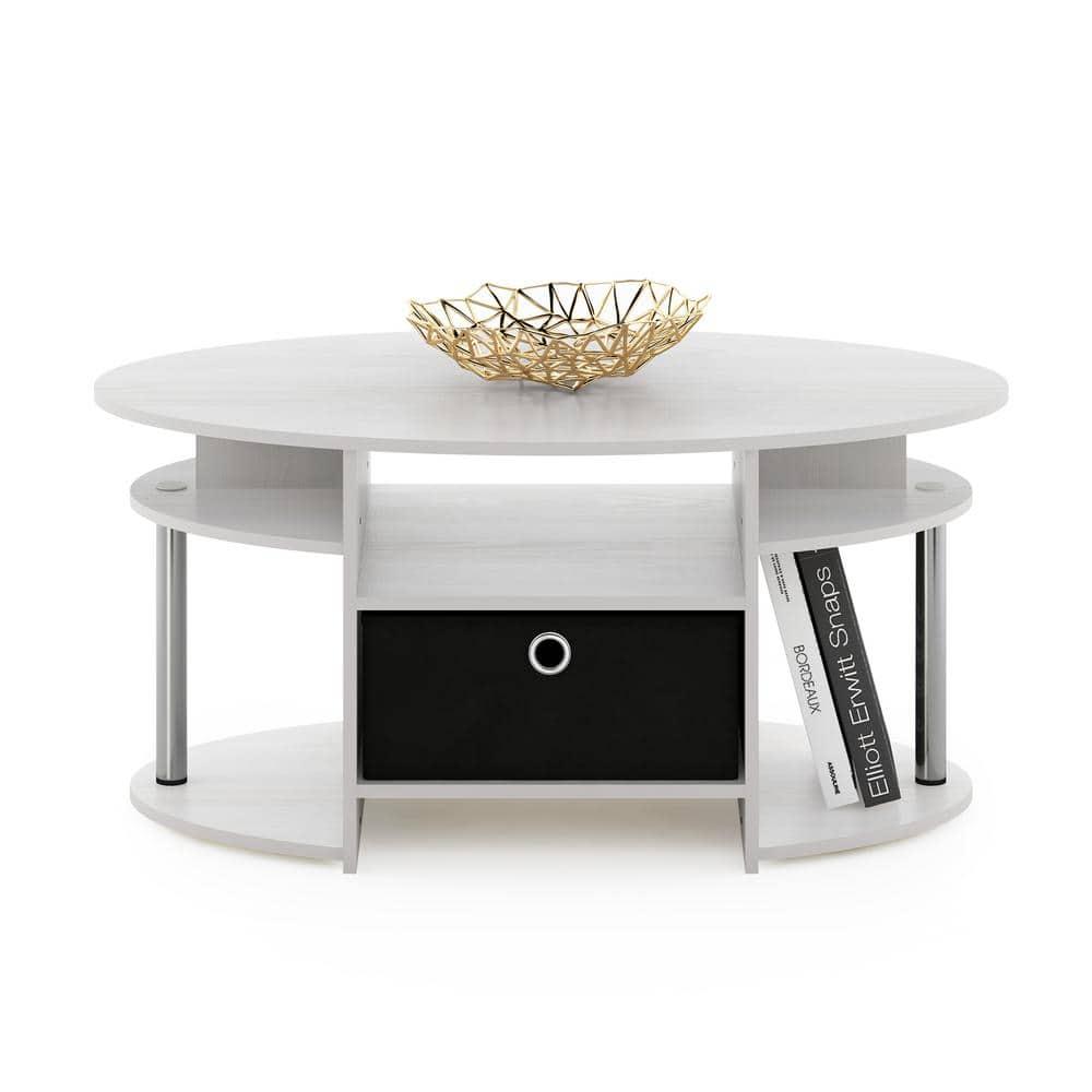 Furinno JAYA Simple Design Oval Coffee Table with Bin, White Oak, Stainless Steel Tubes