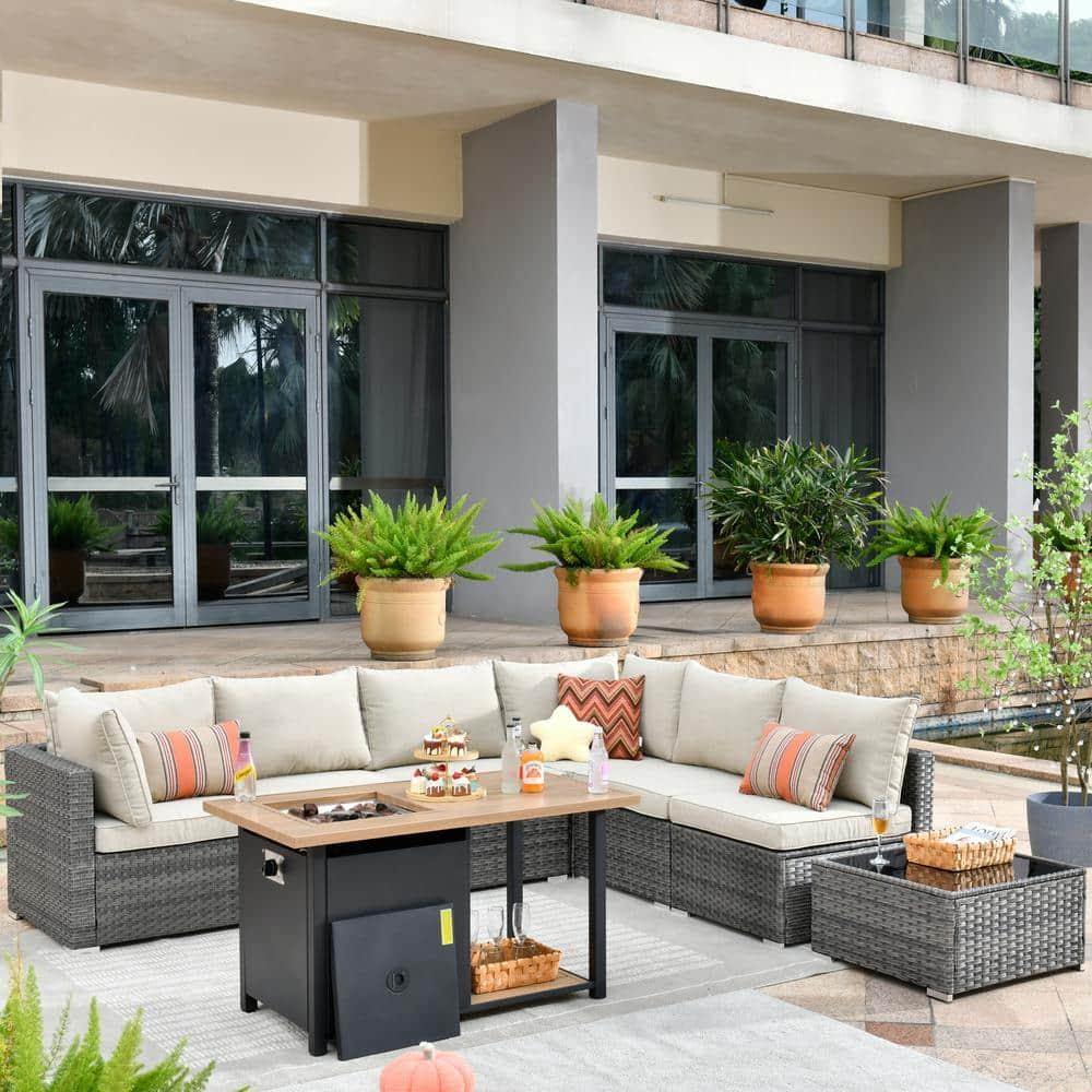 Ovios Venice 8pc Wicker Outdoor Patio Furniture Set Conversation Sofa with a Storage Fire Pit and Navy Blue Cushions