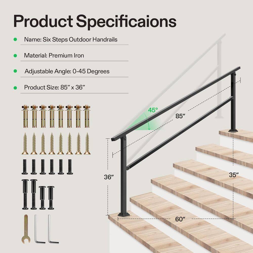 6-Step 36 in. H x 85 in. W Outdoor Black Wrought Mattle Iron Stair Railing Kit