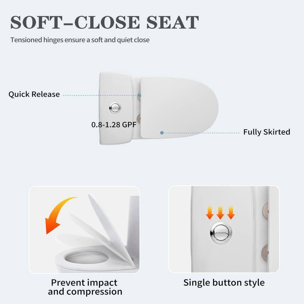 1-Piece 0.8/1.28 GPF Dual Flush Elongated Modern Toilet Soft Closing Seat, Quick Release In White Seat Included