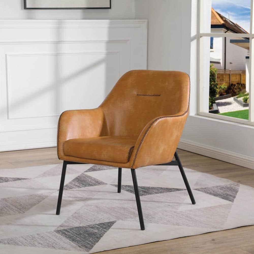 Brooks Accent Chair in Sand Brown Faux Leather with Black Stitch and Black Legs