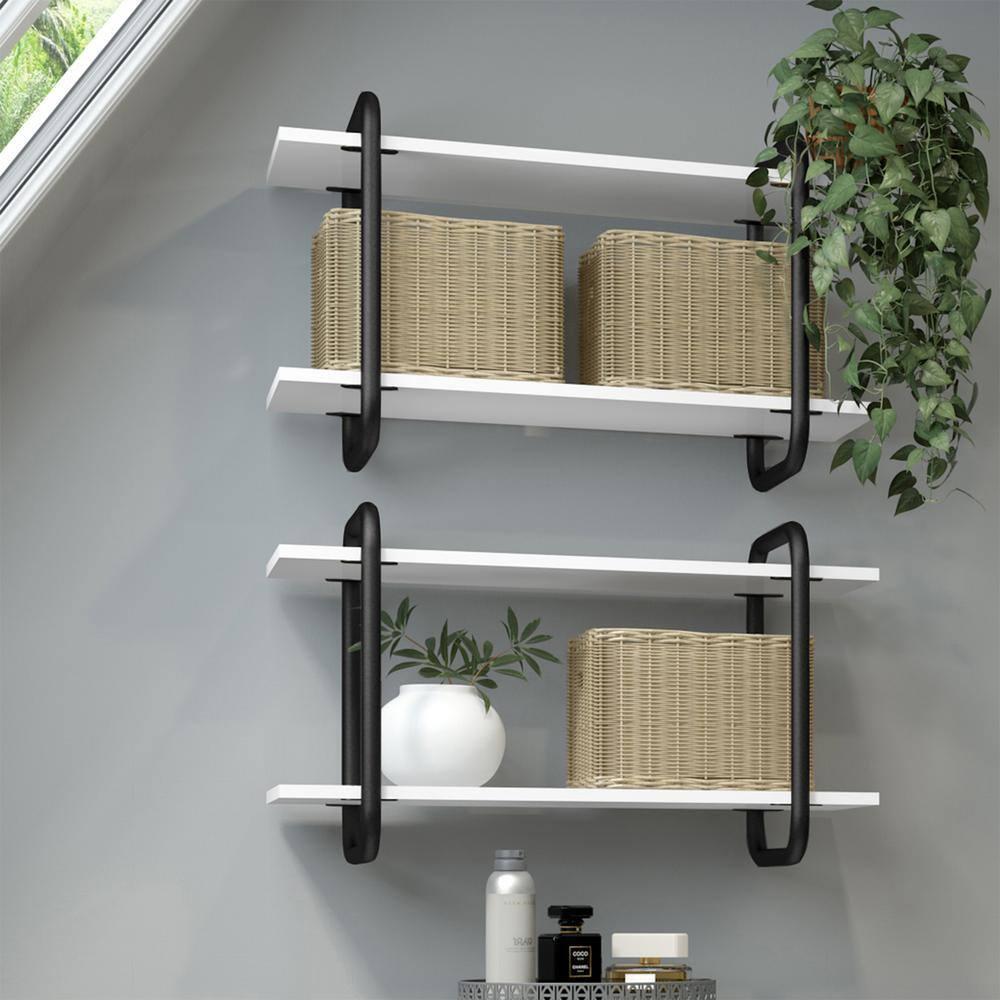 Modern Floating Wall Shelves White - Techni Mobili: 2-Tier, Steel Frame, Decorative Storage