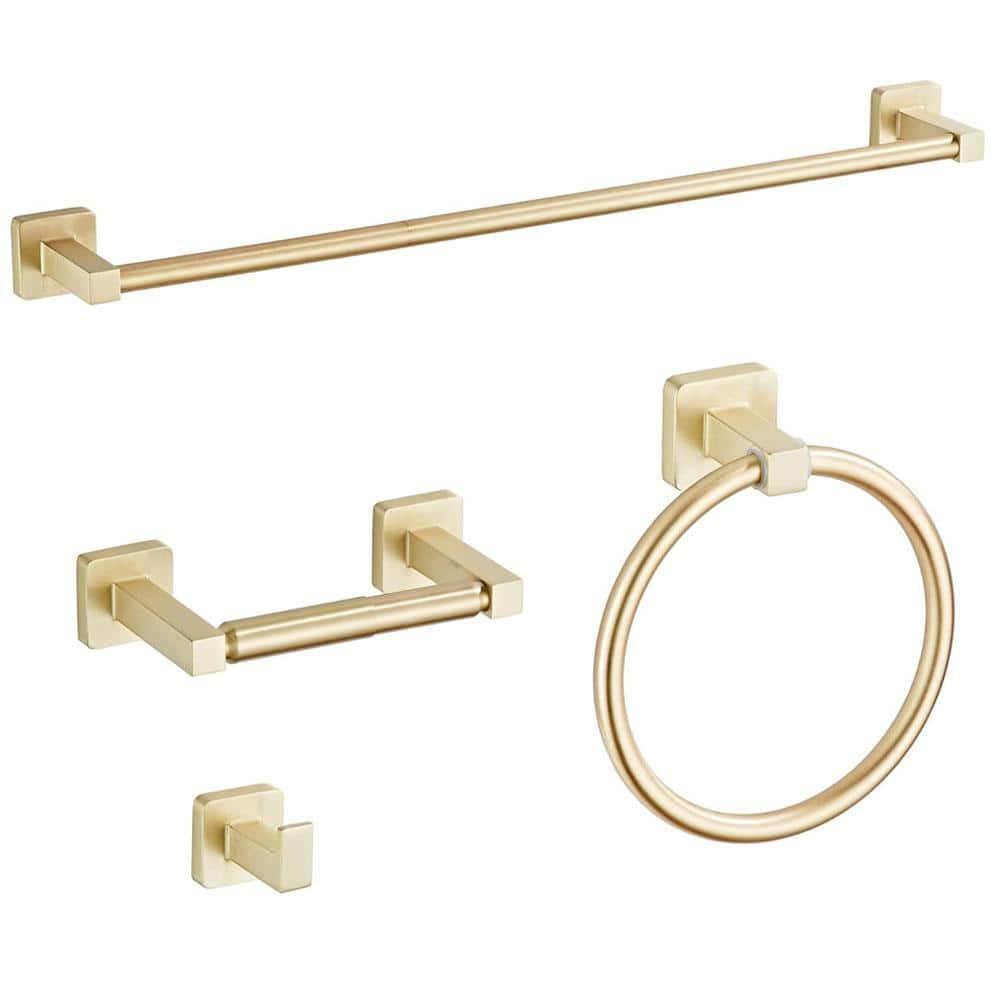 Brushed Gold Bathroom Hardware Set 4 Pieces,Bathroom Accessories Set Stainless Steel Wall Mounted, Hand Towel Bar, Towel Ring, Robe Towel Hooks,Toilet Paper Holder,Towel Bar Set, 23.6 Inch…