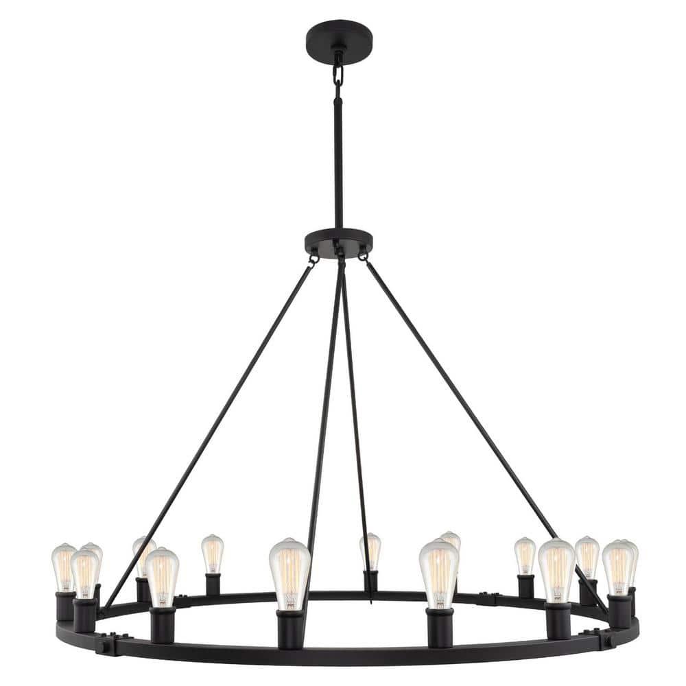 Kira Home Jericho 50" 16-Light Rustic Farmhouse Wagon Wheel Chandelier, Round Kitchen Island Light, Black