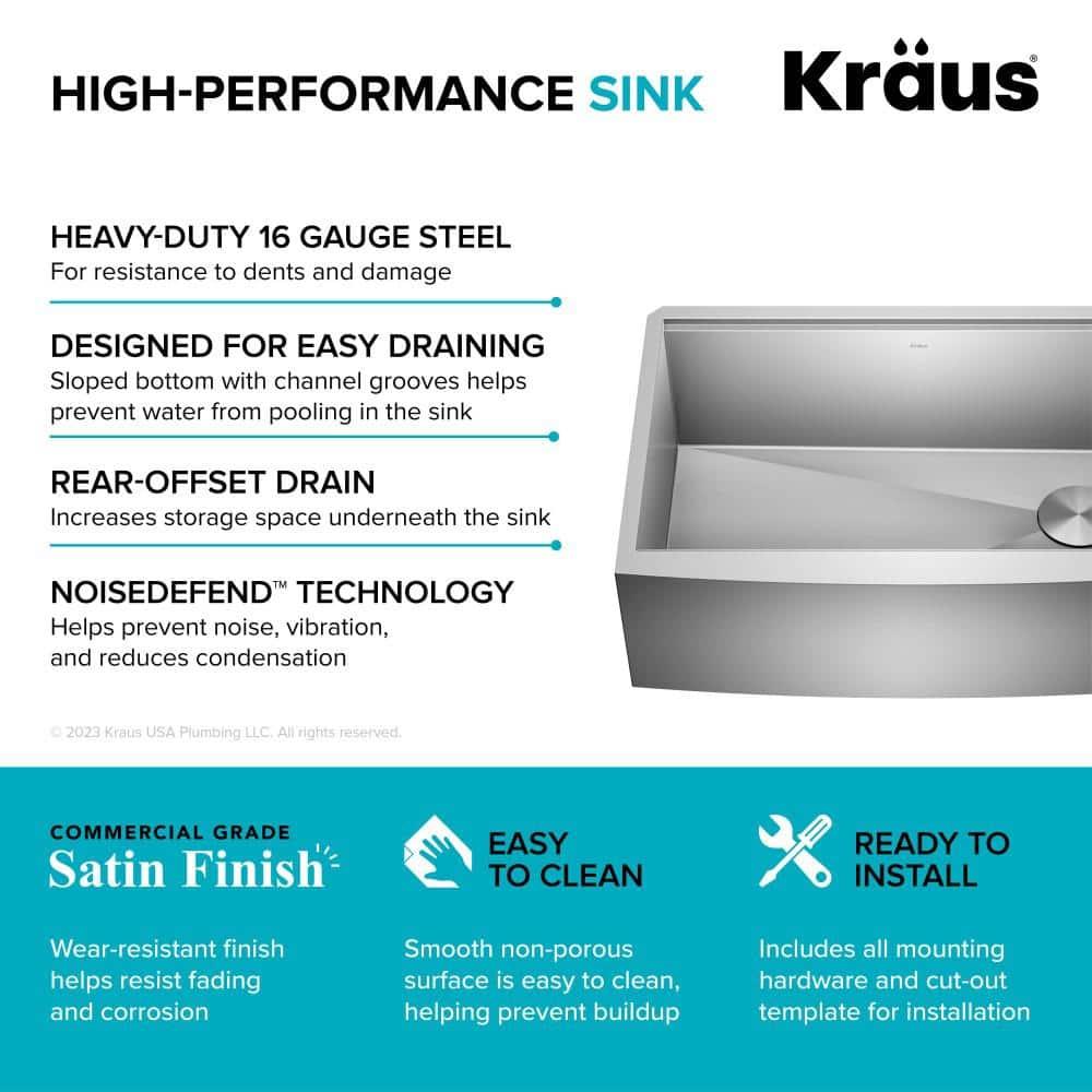 KRAUS Kore™ Workstation 30-inch L 16 Gauge Stainless Steel Single Bowl Farmhouse Kitchen Sink with Accessories