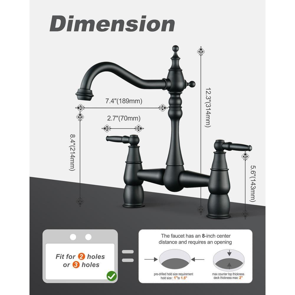 Matte Black Double Handle Bridge Kitchen Faucet with Swivel Spout