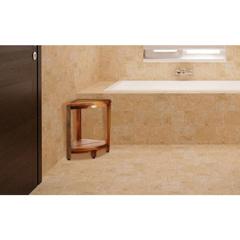 12" SnazzyCorner ED980 Wide Teak Shower Bench with Shelf - EcoDecors