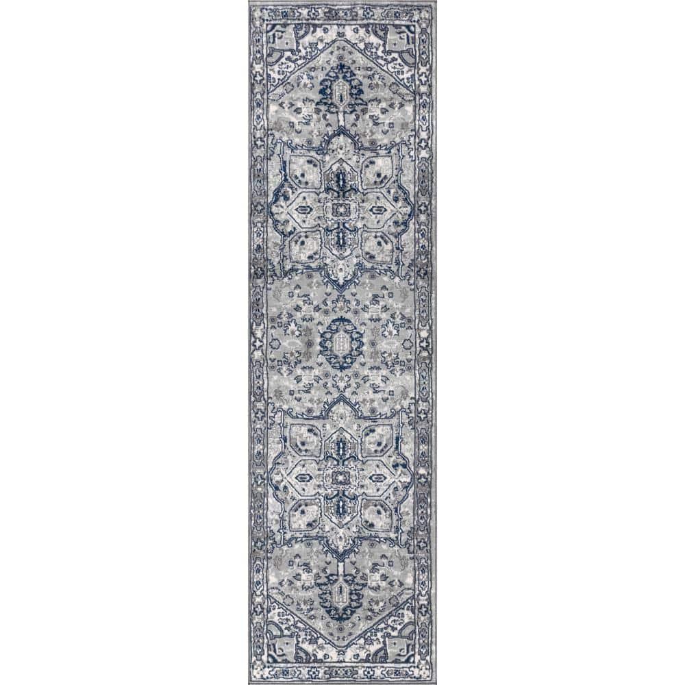 2'x8' Modern Persian Vintage Medallion Runner Rug, Light Grey/Navy - JONATHAN Y