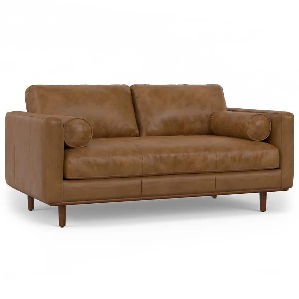 Simpli Home Morrison Genuine Leather Sofa, Mid-Century Modern Couch for Living Room, Handcrafted with Removable Cushions