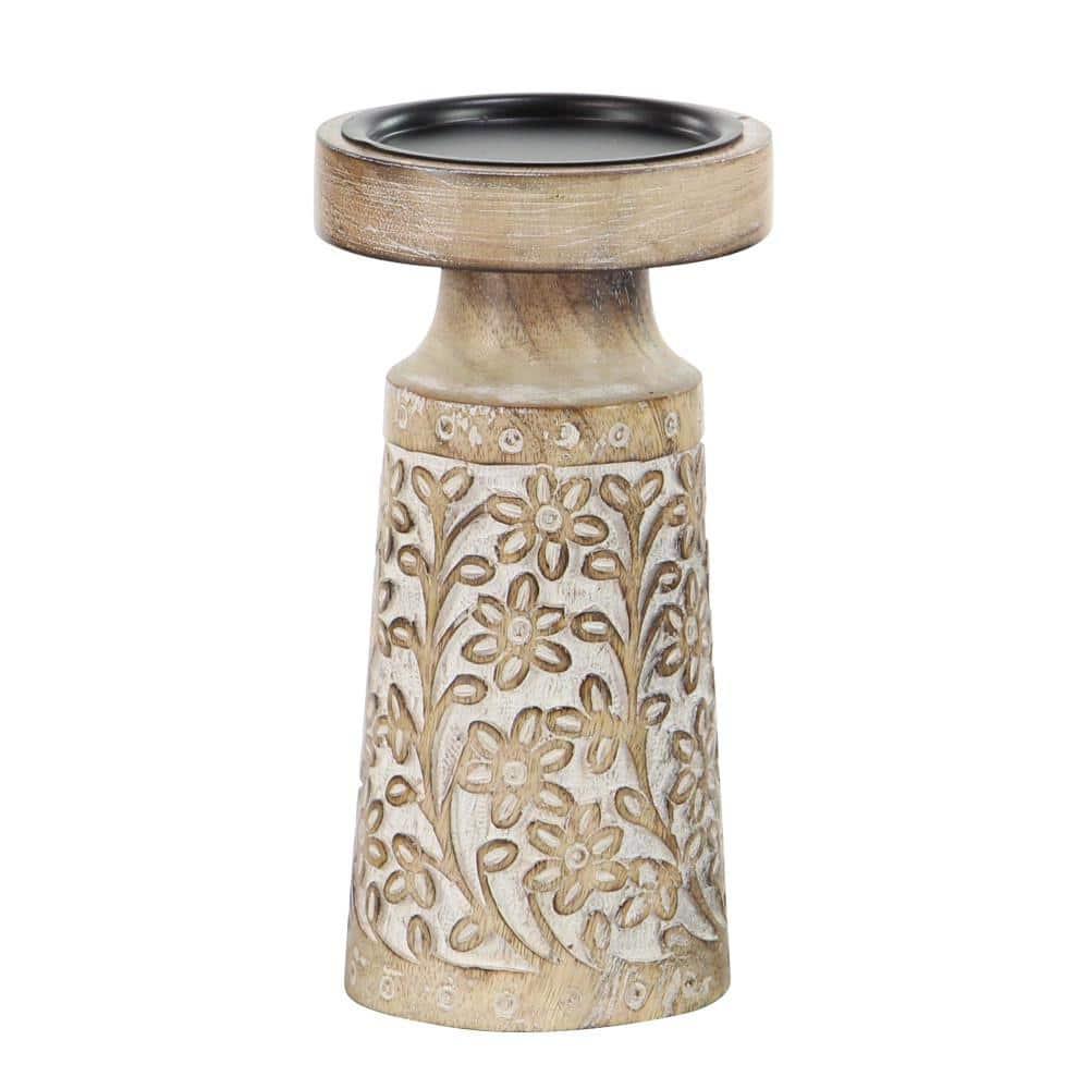 Gracie Oaks Mango Wood Floral Handmade Decorative Candle Holder Carved Pillar Candle Stand With Cream Accents, Set Of 3 Candlestick Holder 6", 8", 10"H, Brown