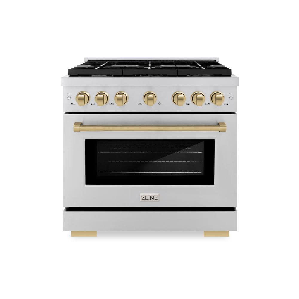 ZLINE ZLINE Autograph Edition 36 in. 5.2 cu. ft. Paramount Dual Fuel Range W/ 6 Burner Gas Cooktop & Electric Convection Oven in Stainless Steel W/ Champagne Bronze Accents (SDRZ-36-CB) SDRZ-36-CB