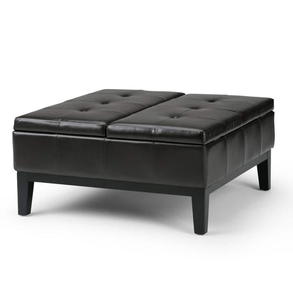 Simpli Home Dover 36"W Upholstered Square Coffee Table Storage Ottoman with Split Tufted Lift Top