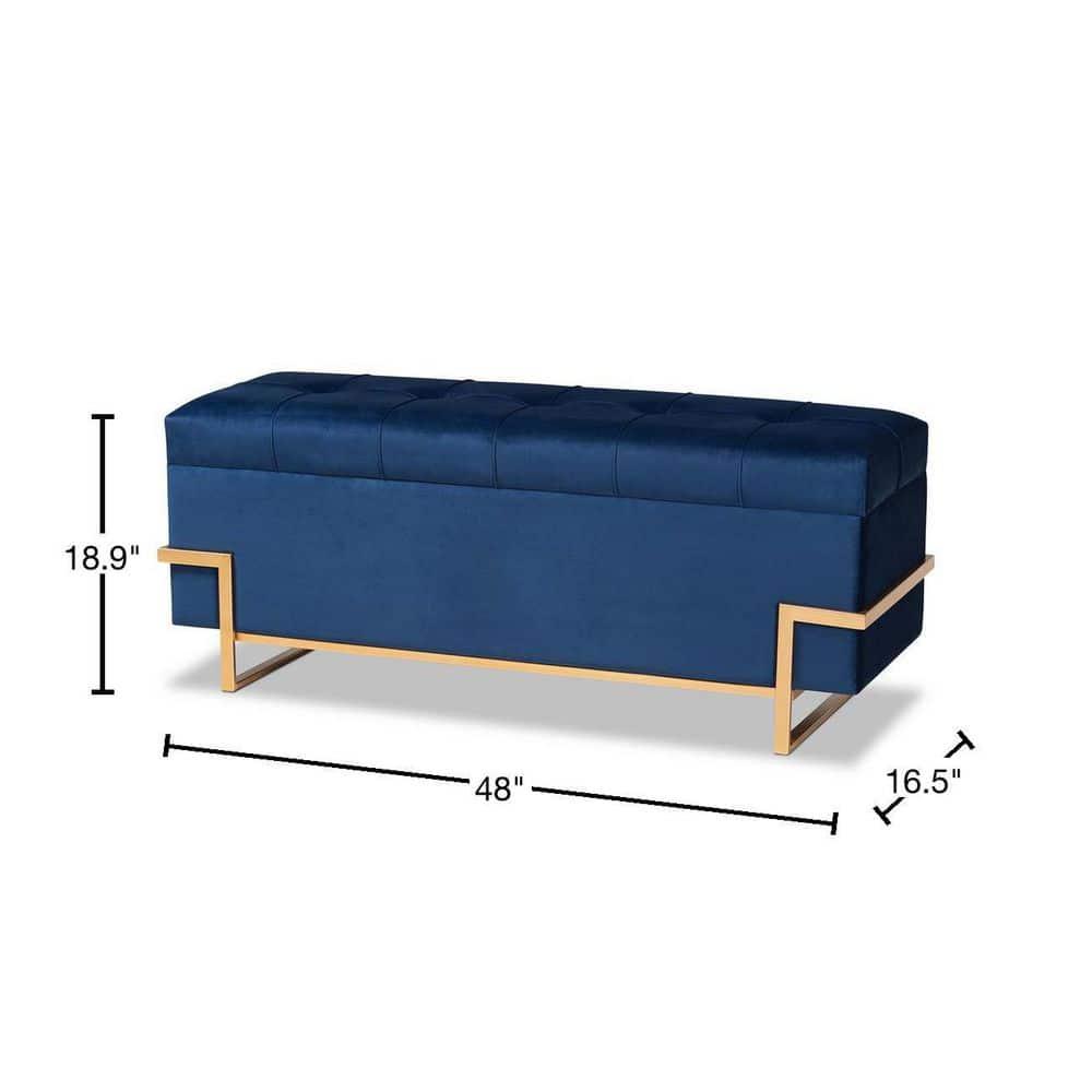 Parker Velvet Upholstered and Metal Storage Ottoman Blue/Gold - Baxton Studio: Rectangular Bench with Bow Pattern