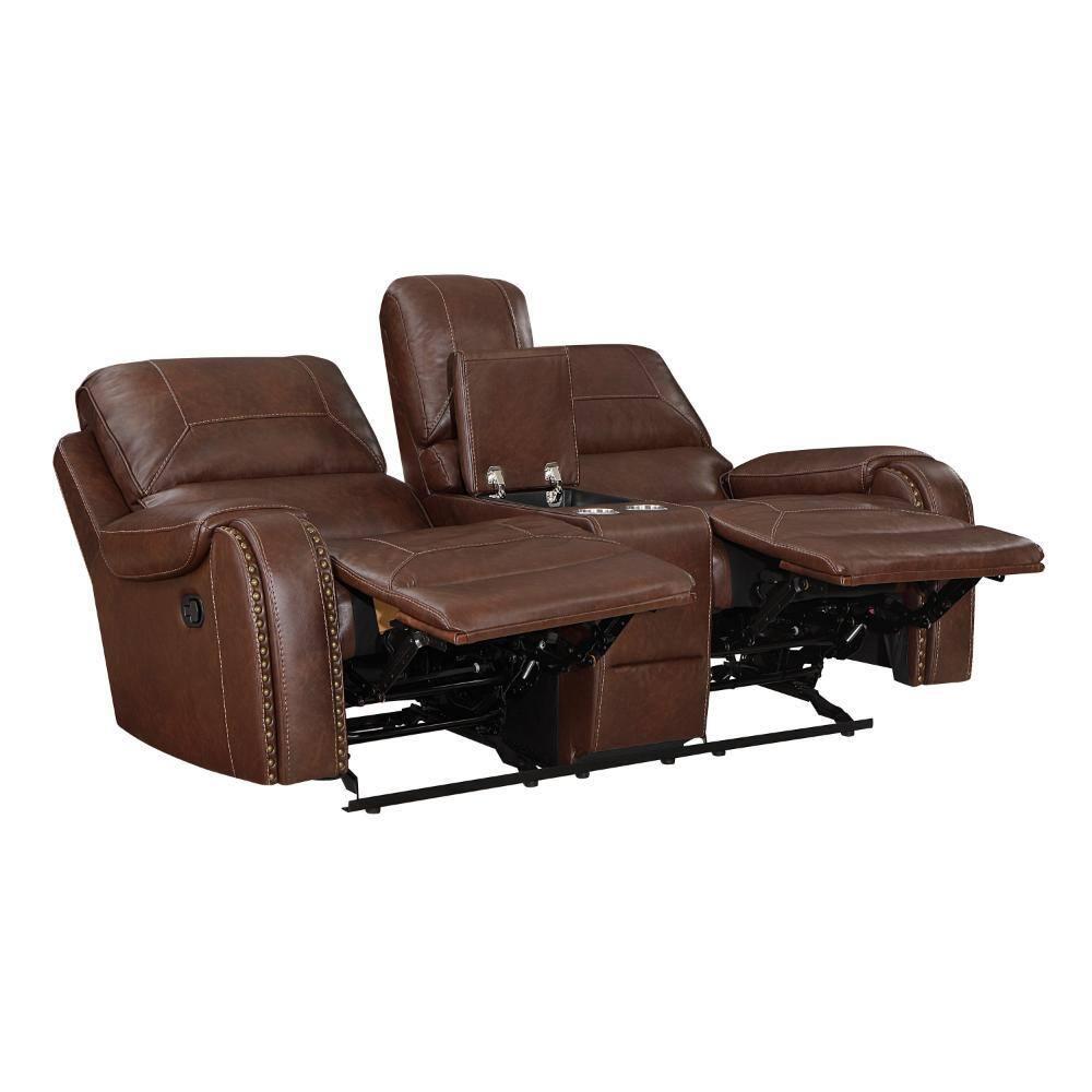 Benjara  76 in. Dean Dual Manual Recliner Loveseat, Cupholders, Brown Faux Leather
