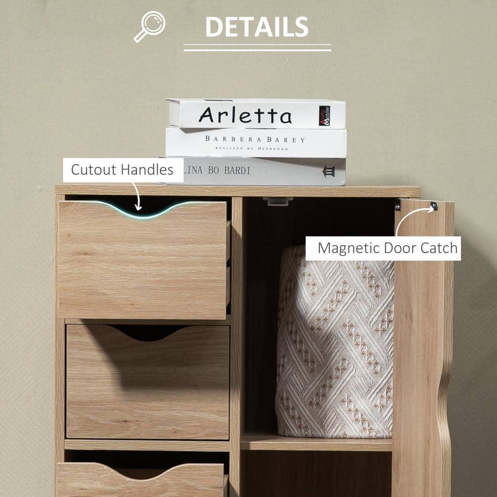 HOMCOM Freestanding Storage Cabinet, Bathroom Floor Cabinet with 4 Drawers and Door, Oak