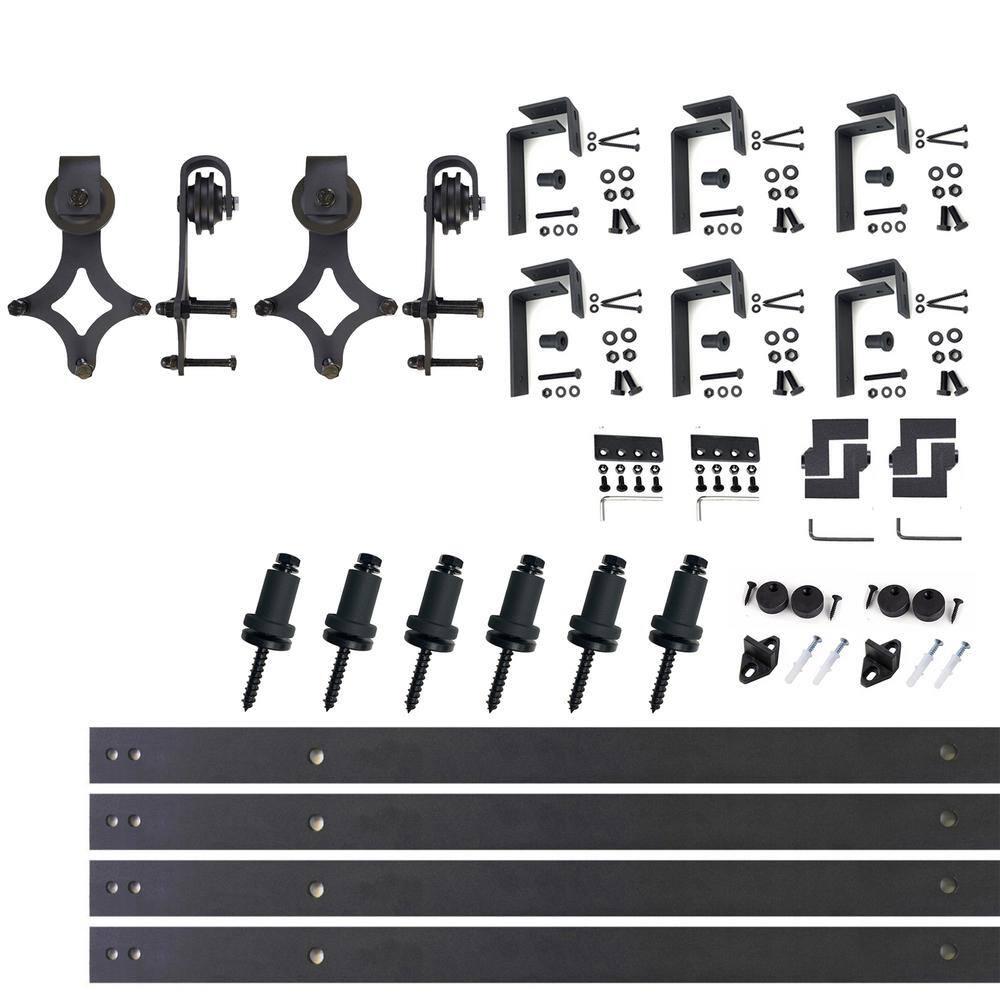 Homacer Black Rustic Double Track U-Shape Bypass Sliding Barn Door Hardware Kit, for Two/Double Doors, 8ft Long Flat Track, Diamond Design Roller, Heavy Duty, for Interior & Exterior Use