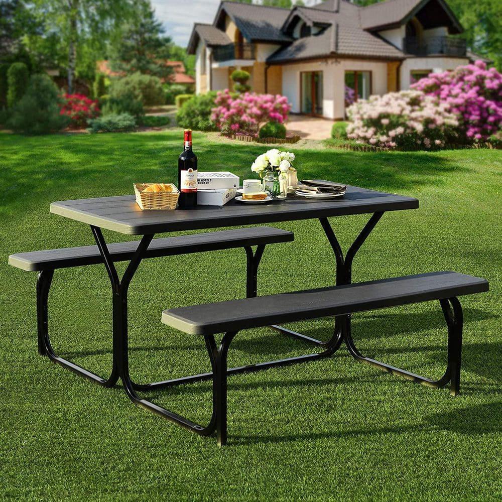 Costway Picnic Table Bench Set Outdoor Backyard Iron Patio Garden Party Dining All Weather Black