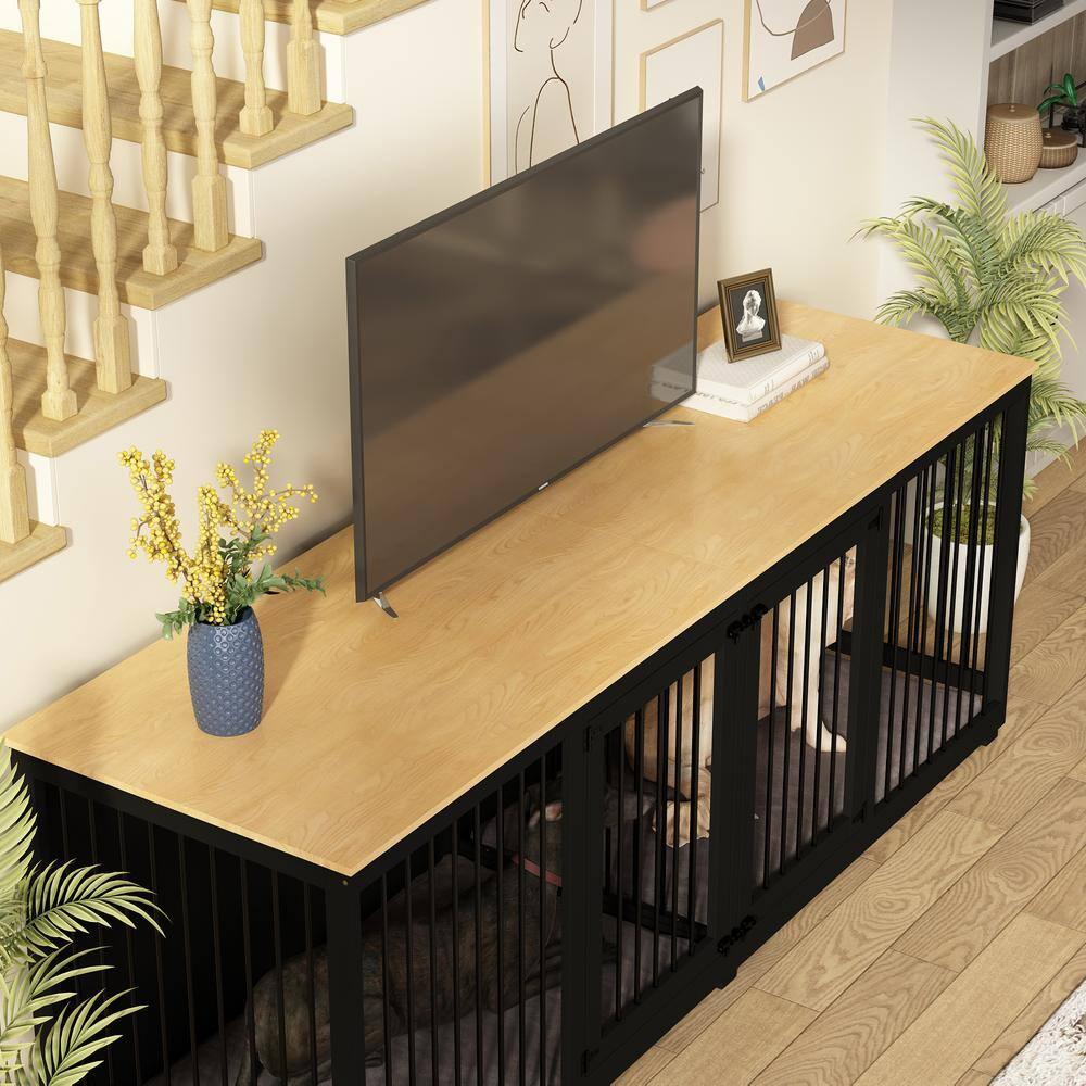 94.5" Extra Large Dog Crate Furniture, Heavy Duty Dog Kennel with a Removable Divider, Indoor Furniture Style Dog Crate House TV Stand with Double Rooms for Large Medium Breed Dogs, Black