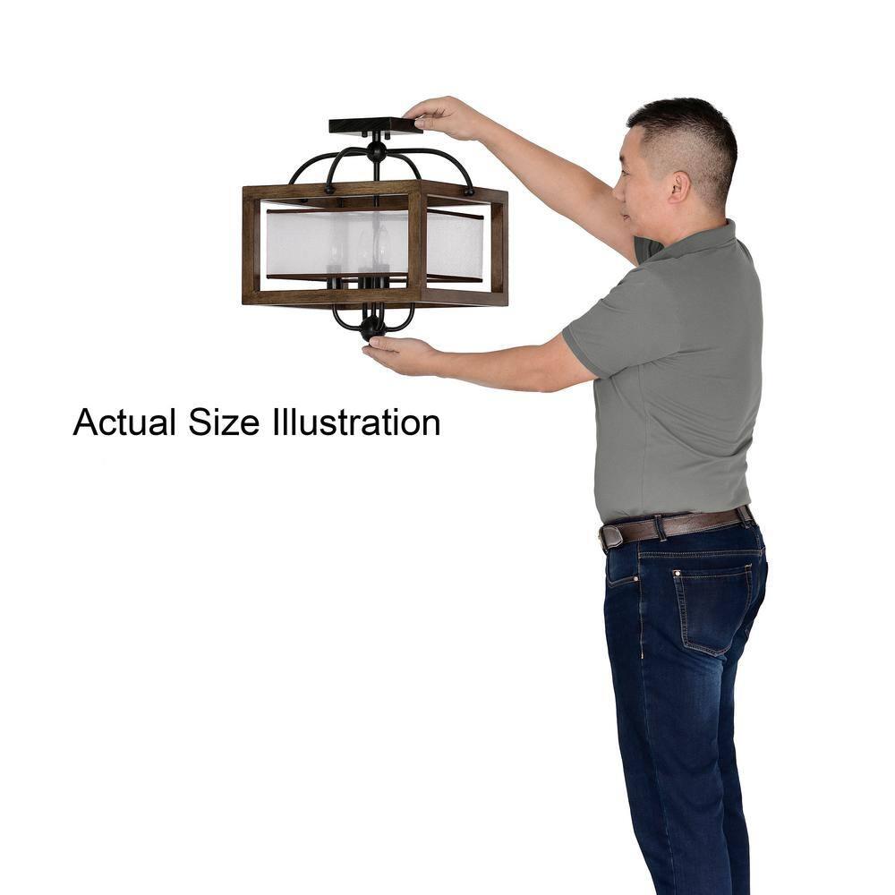 The Lighting Store Alina Antique Black Metal Natural Wood Flush Mount with Fabric Shade