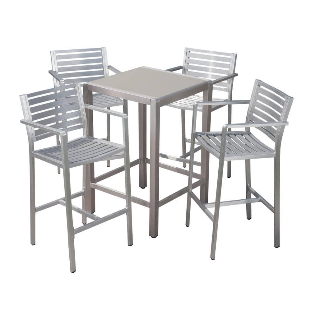 Noble House Cape Coral 5 Pc Aluminum Bar Set with Grey Tempered Glass Top Table