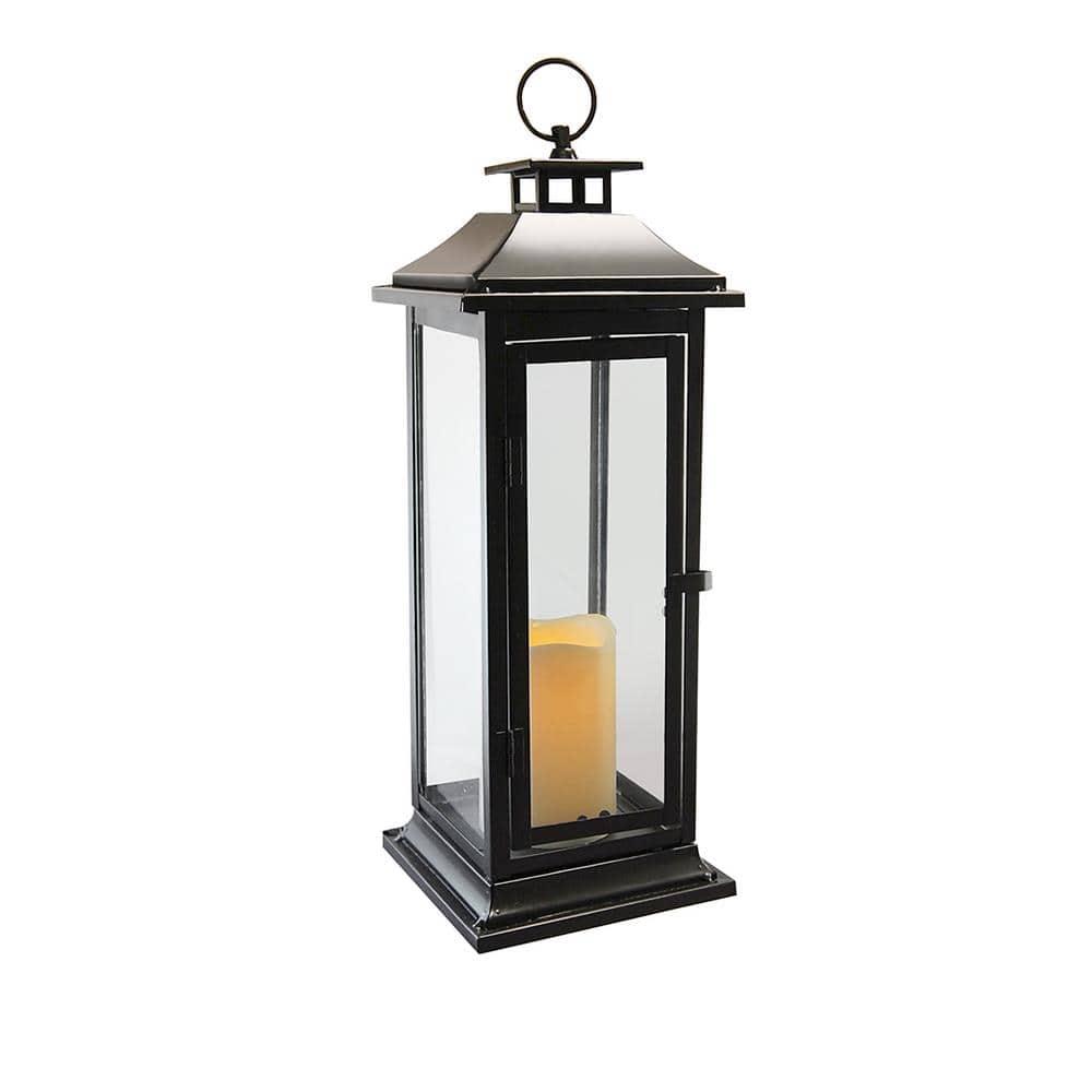 LumaBase Metal Lantern with Battery Operated Candle - Traditional Black