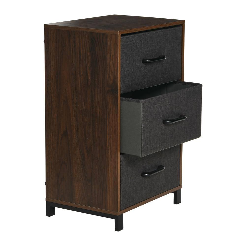 Household Essentials 3 Drawer Dresser, Narrow Storage Chest, Multi-Color Drawers, Wire Backing and Metal Feet, Wood Handles, Mid Century Walnut Laminate