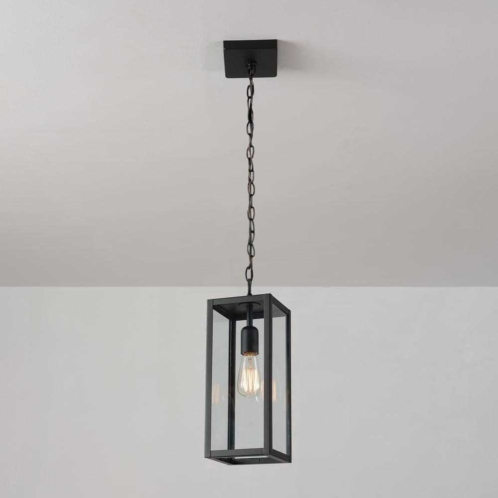 1-Light Matte Black Outdoor Pendant Lighting with Clear Glass Shade