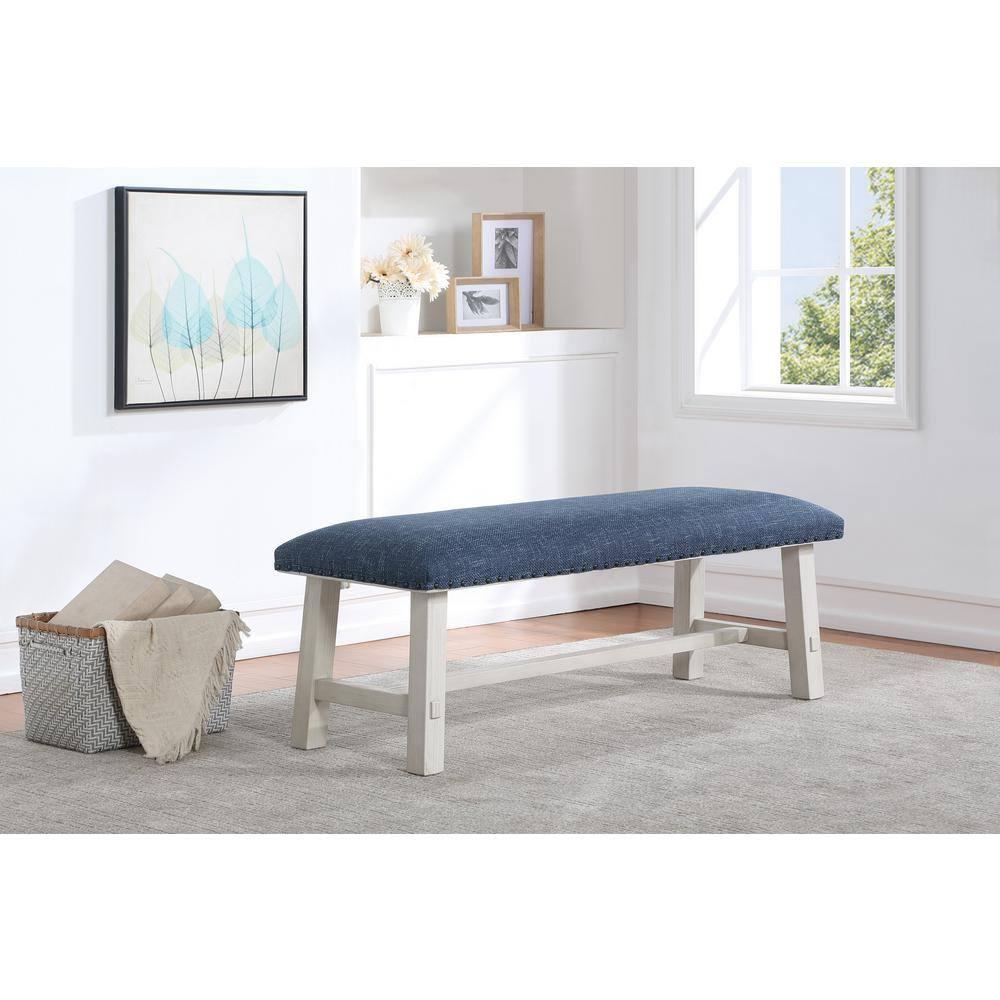 Callen Bench with White Wash Frame and Bronze Nailhead Trim in Navy Fabric