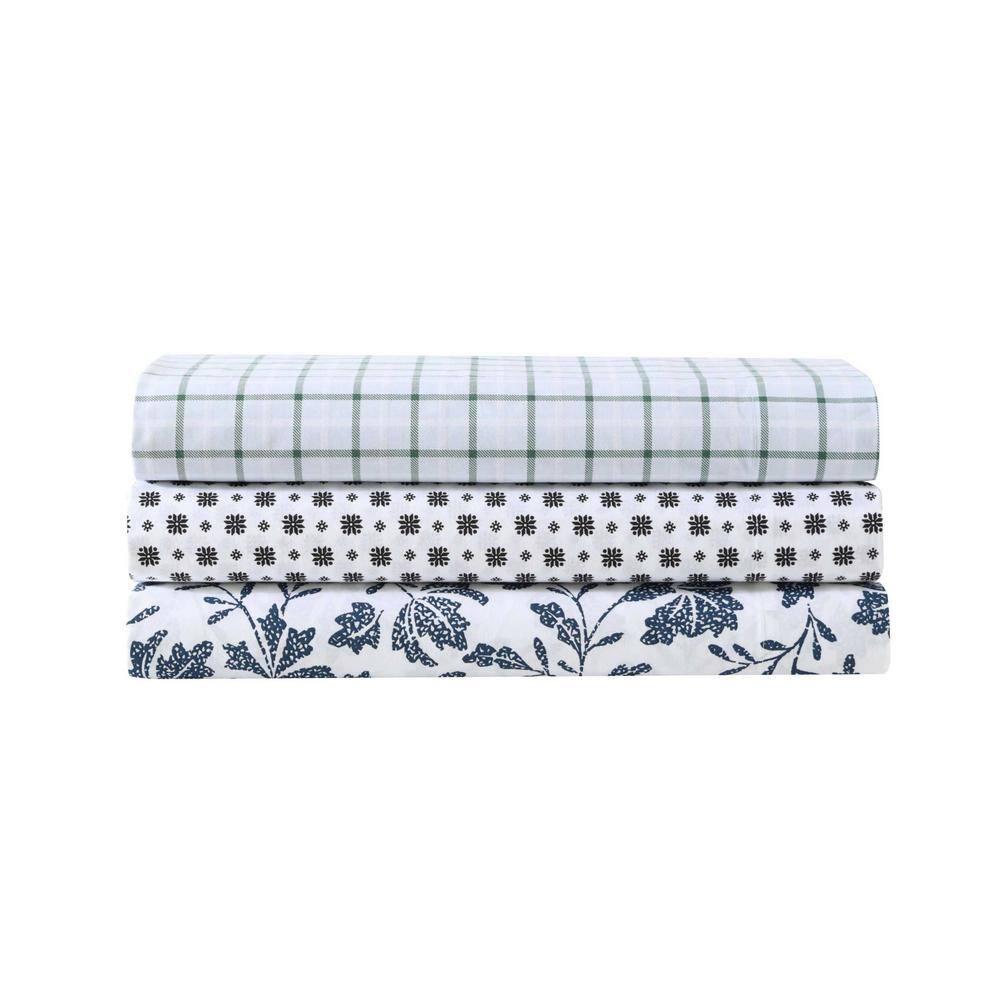 Queen Blue Floral Cotton Percale Deep Pocket Sheet Set