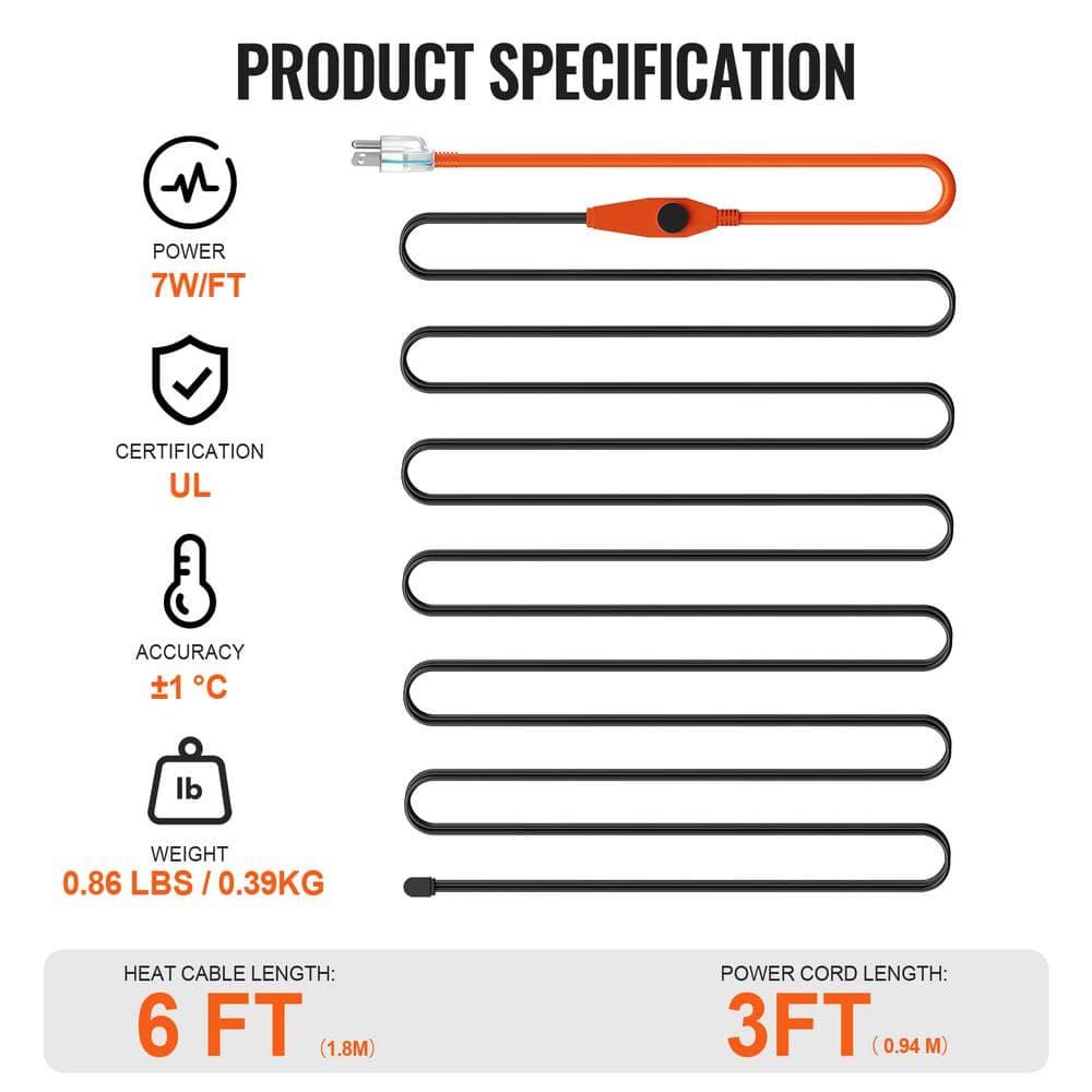 VEVOR Pipe Heating Cable 24FT 7W/FT Heat Tape for Pipes with Built-in Thermostat