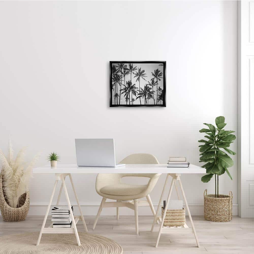 Stupell Industries Palm Trees Skyline Black and White Photography Black Floater Framed Canvas Wall Art, 16 x 20