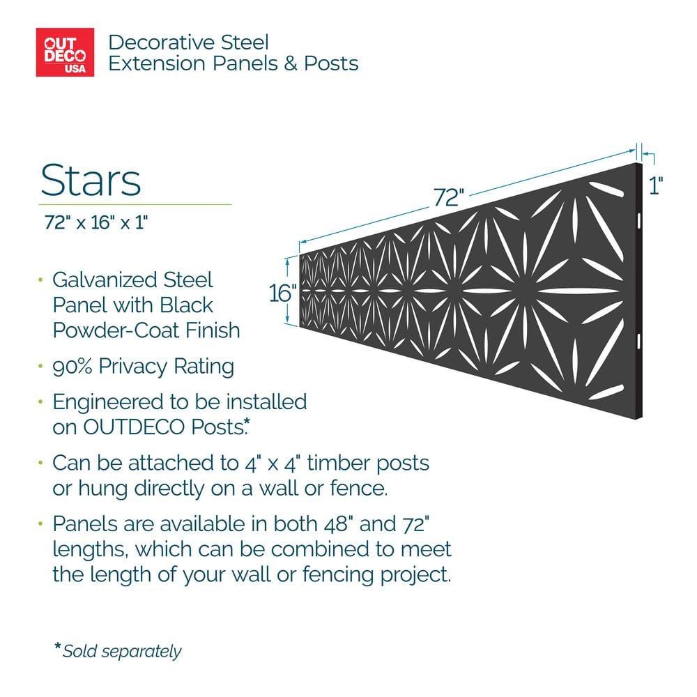 OUTDECO 16"x72" Stars Galvanized Steel Wall and Fence Extension Privacy Panel, Black