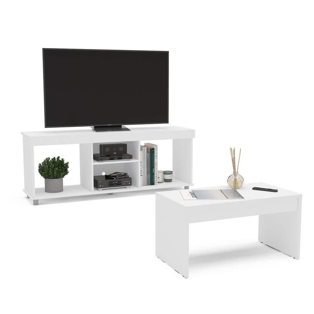 Polifurniture 2pc Living Room Set with TV Stand and Coffee Table White: Modern MDF Furniture Ensemble