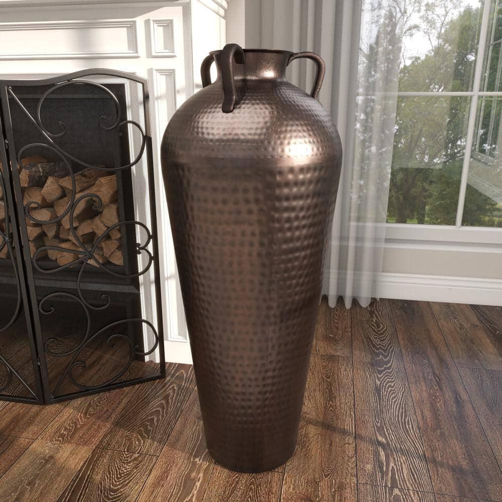 DecMode 32" Tall Floor Mediterranean Style Brown Metal Vase with Hammered Details and Handles