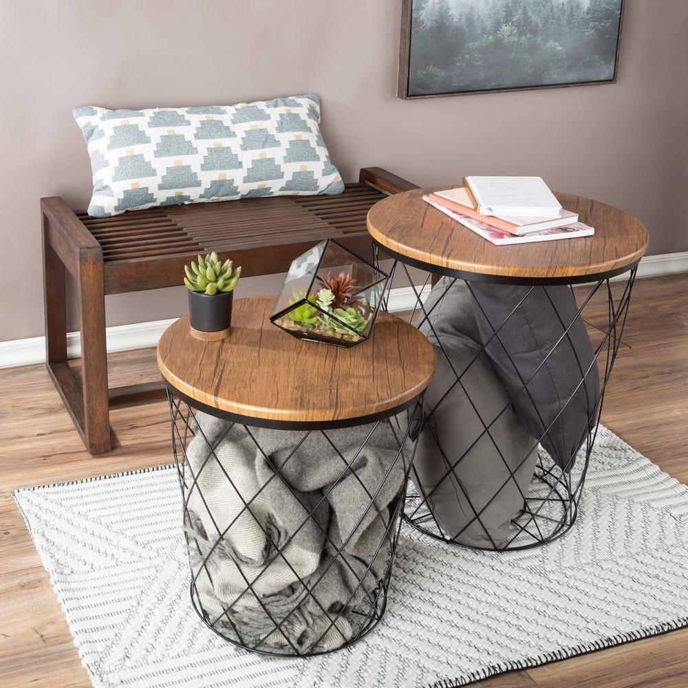 Lavish Home End Table with Storage – Set of 2 Round Nesting Tables with Diamond Pattern Wire Basket Wood Tops, Industrial Farmhouse Side Table