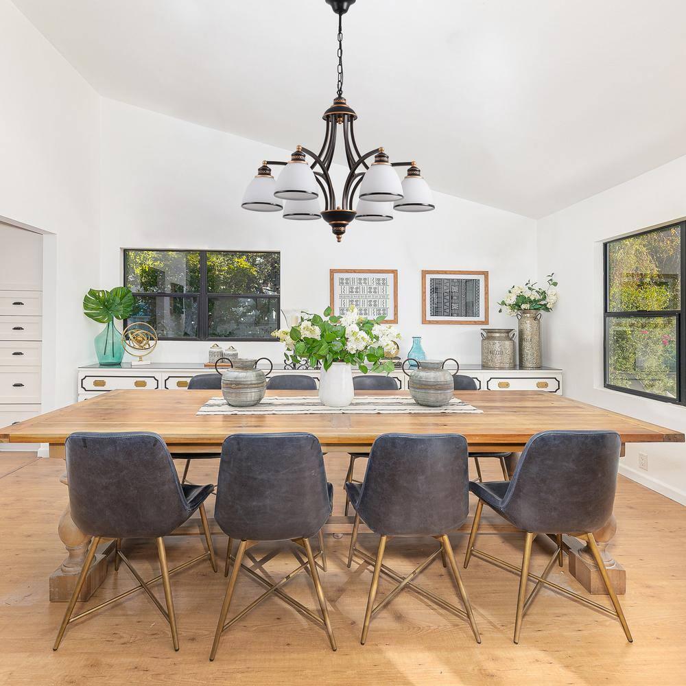 Modern 6-Light Chandelier With Frosted Shade,Metal Lights Fixture, Adjustable Height Pendant Lighting, Black Chandeliers for Dining Room Kitchen Island, Hanging Lights for Bedroom Farmhouse