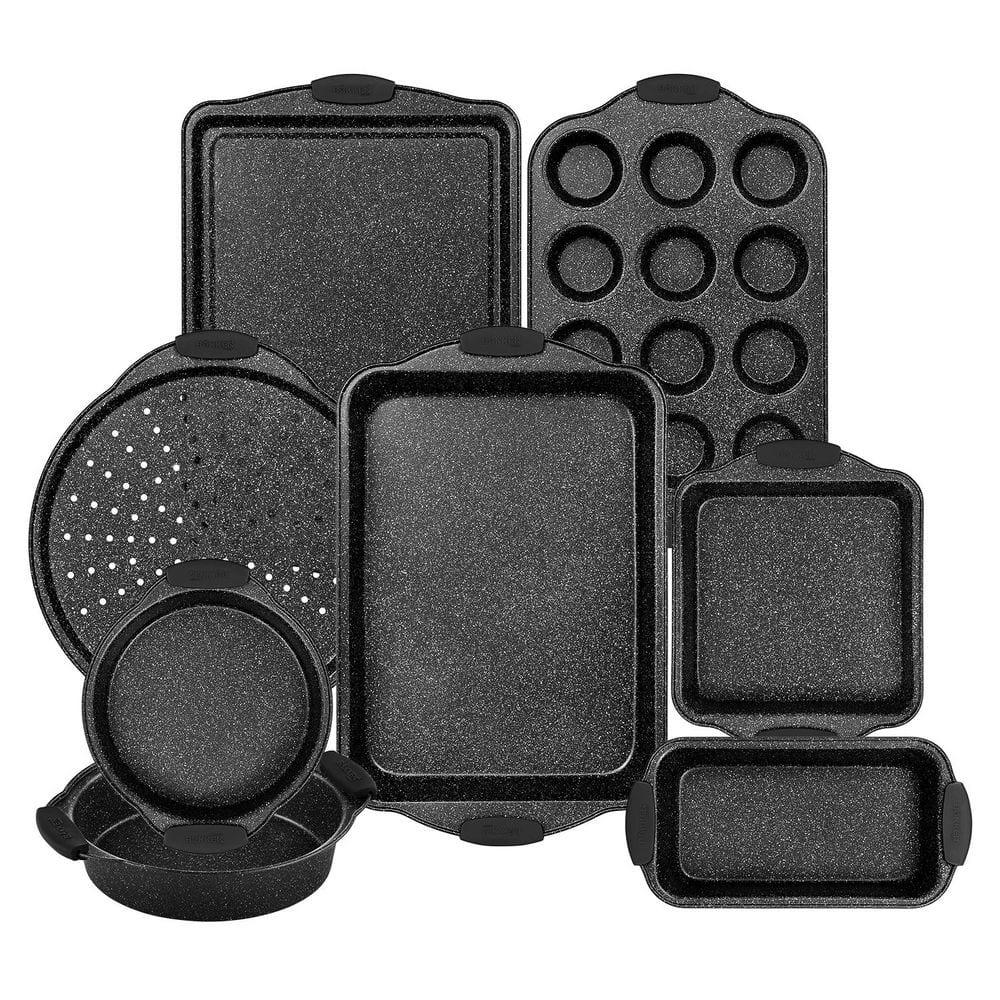 BAKKEN 8-Piece Kitchen Oven Baking Pans Set - Deluxe Nonstick Gray Marble Coating, Professional Grade Carbon Steel Bakeware with Silicone Handles